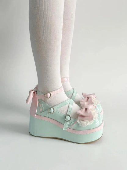 Kawaii bubblegum mint platform heels with chunky soles, bows, and heart buckles for ABDL DDLG fashion