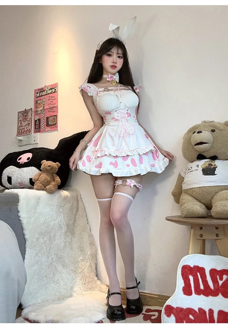 Kawaii bunny maid outfit featuring classic apron, lace trim, and frilly ruffles for cute and comfy wear