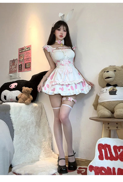 Kawaii bunny maid outfit featuring classic apron, lace trim, and frilly ruffles for cute and comfy wear