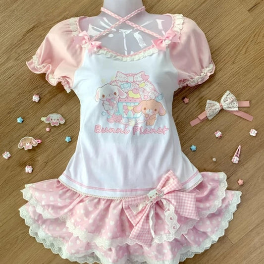 Front view of kawaii bunny planet set with pink and white pastel t-shirt and skirt