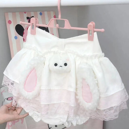 kawaii bunny playdate mini skirt 3D bunny face and ears layered frilly lace skirt for whimsical cutecore fun
