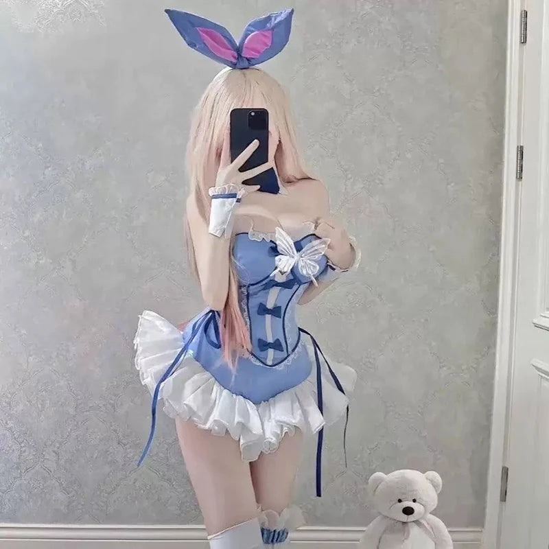 Kawaii bunny cosplay bodysuit featuring ribbons, laces, and flirty cutecore accents for playful DDLG/ABDL energy