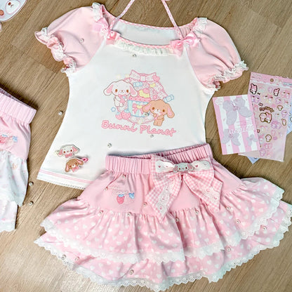 All-pink variation of the kawaii bunny planet set with soft pastel tones