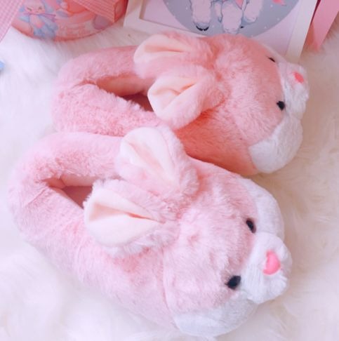 Kawaii plush bunny slippers for regressors with marshmallow-soft interior, cute bunny face and comfy non-slip sole