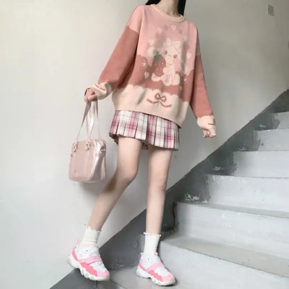Harajuku-style knit sweater with cute bunny and strawberry design – soft pastel aesthetic for girls