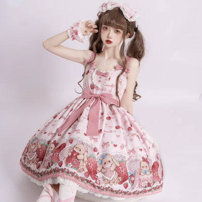 Kawaii Bunnycore strawberry lolita dress featuring puff sleeves, ruffles, and playful strawberry print