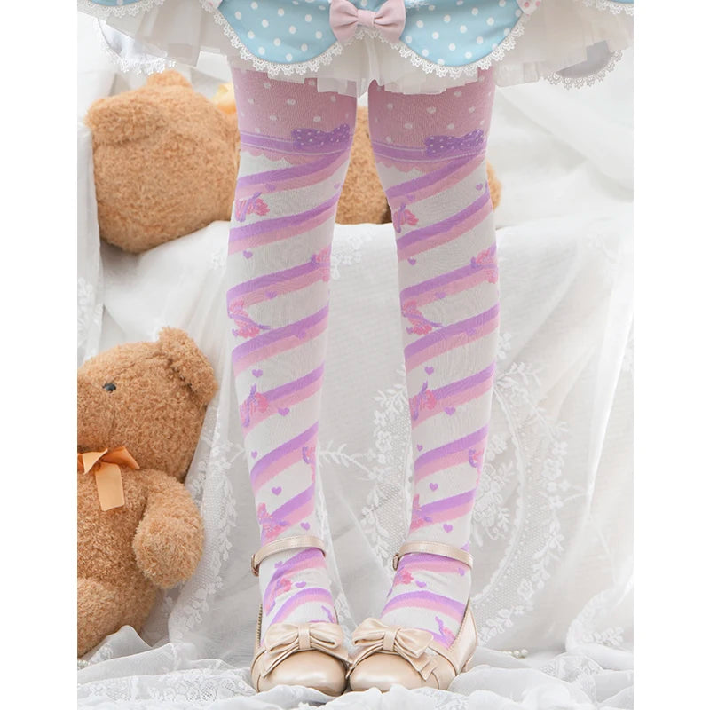 Blue and purple candy stripe lace stockings with hearts and ribbons, softcore kawaii cutecore style