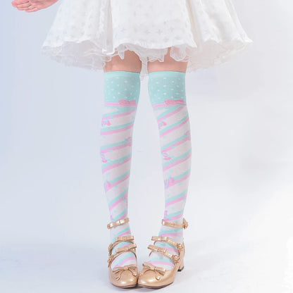 Green and mint candy sugar lace stockings with ribbons and heart details, fun playful cutecore fashion