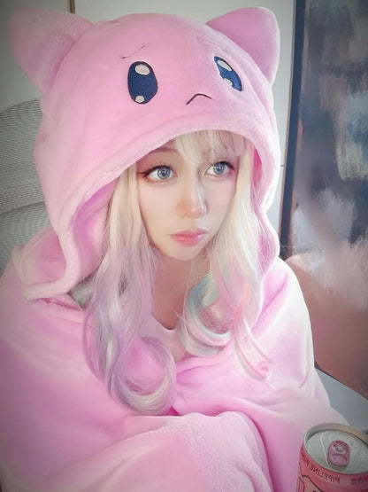 dreamy kawaii pink cat blanket with ears and embroidered face for cuddles, regression, and aesthetic bedrooms