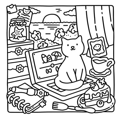 Whiskered kawaii cat coloring book perfect for cutecore and little space vibes