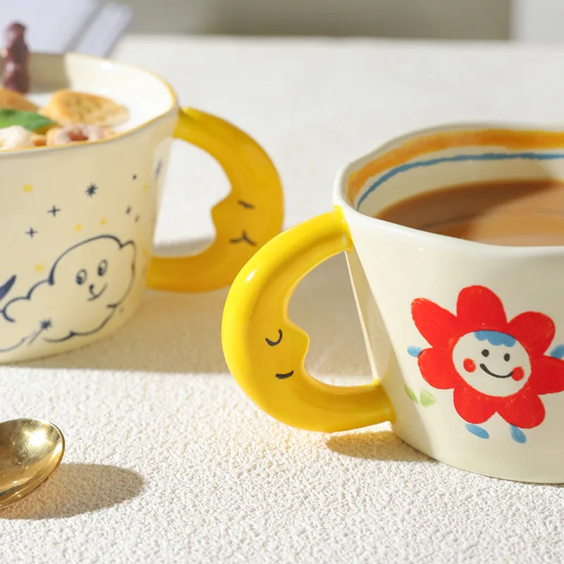 Charming ceramic mug featuring floral and ladybug designs with a dreamy pastel rainbow palette