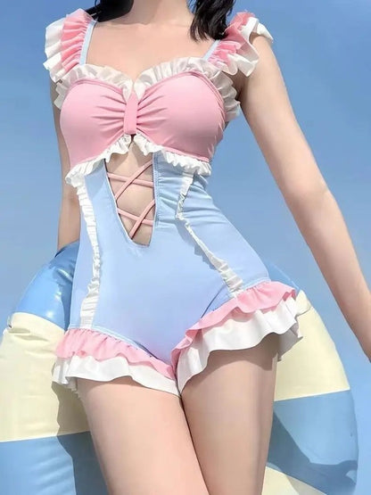 Kawaii cotton candy flirty onesie, soft ruffles and lace-up details for ABDL DDLG fashion