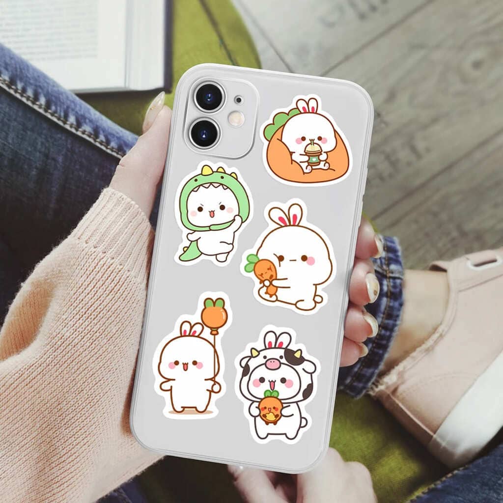 Kawaii couple sticker pack with little and caregiver designs, waterproof decals perfect for journaling and tech decor