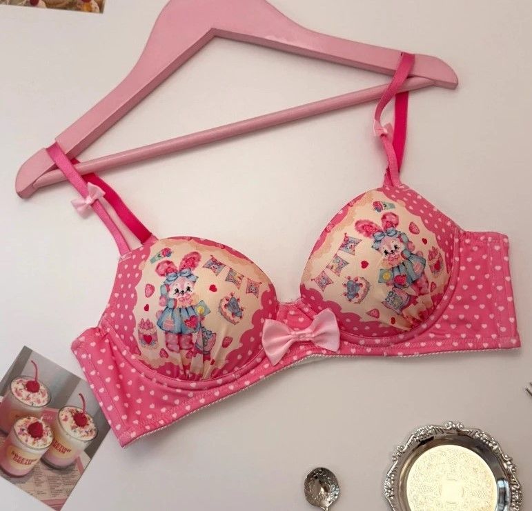 Kawaii critter print bra and panty set with fantasy candyland colors and playful fairytale aesthetic