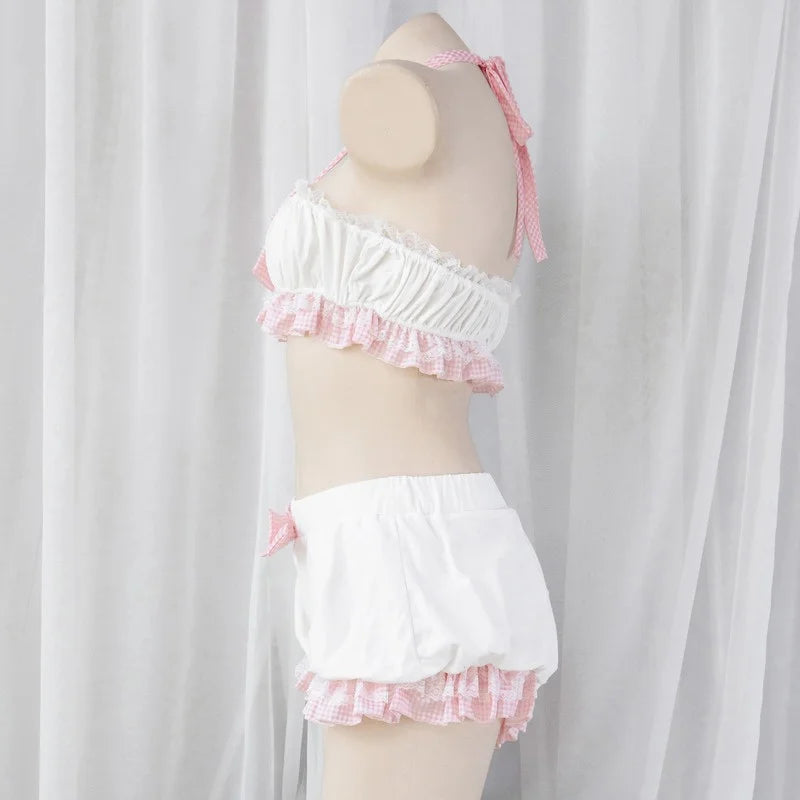 Kawaii cutecore ribbon plaid loungewear set with crop top & ruffled bloomers, DDLGirl DDLG ABDL outfit