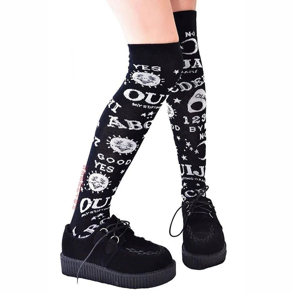 Kawaii black and white Ouija stockings with occult prints for mystical DDLG & ABDL fashion