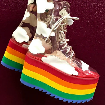 Kawaii DDLG ABDL Rainbow Dream Heels with pastel rainbow laces, dreamy cloud print overlays