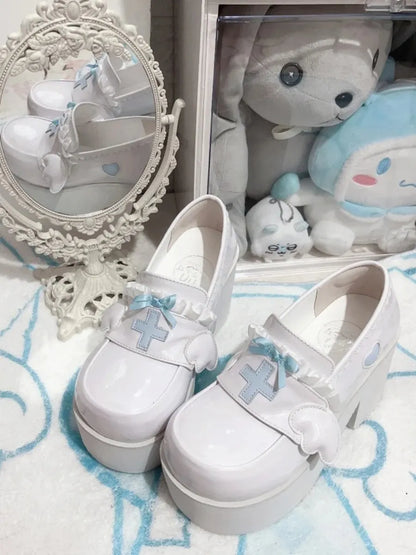 Dreamy Healing Halo Platform Heels with angel wings, cross detail, and sweet heart accents for kawaii fashion