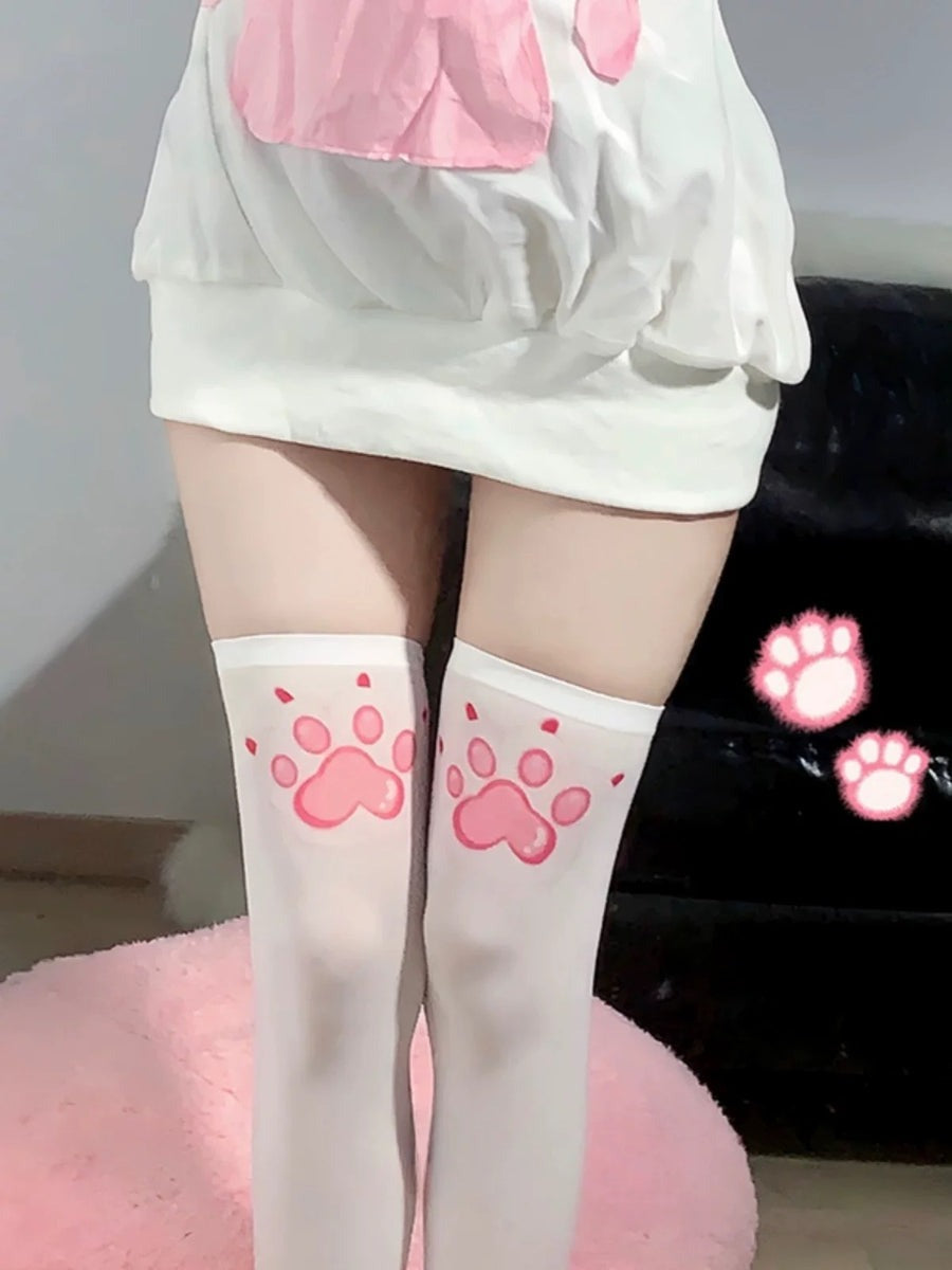 Kawaii DDLG Paw Pink thigh-high stockings with cartoon paws, soft pastel cutecore vibes for playful outfits