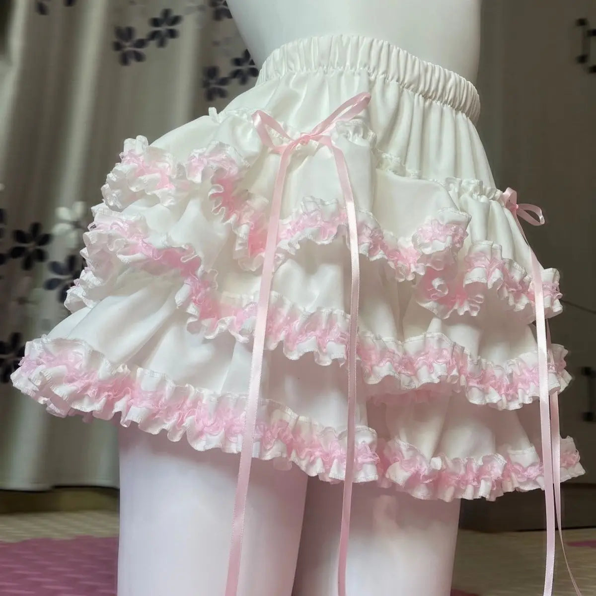 Kawaii dessert core Lolita skirt with fluffy ruffles and lace details for soft girl, DDLG, and ABDL fashion