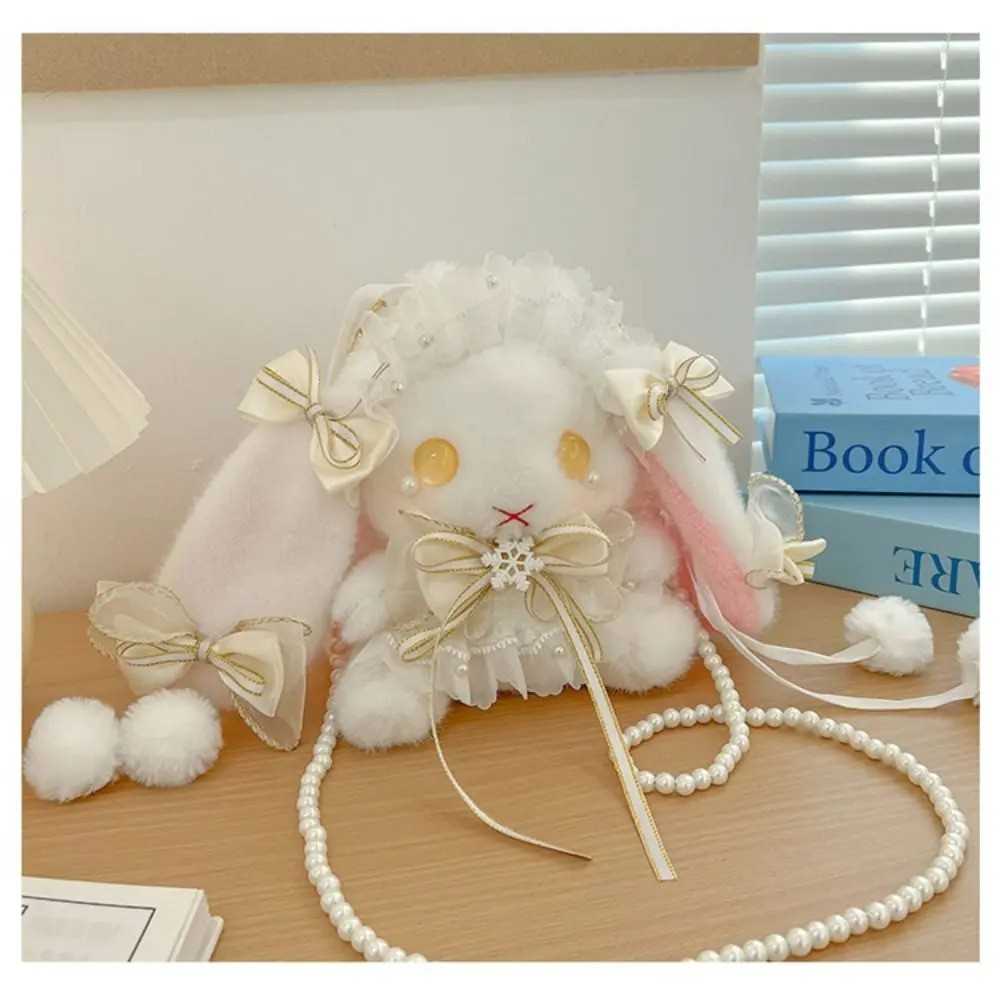 Kawaii dollcore bunny plush crossbody bag with ribbons and pearl strap, perfect DDLG ABDL accessory
