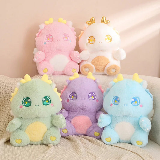 Sweet Kawaii Dragon Plush 30cm – full set in purple, pink, green, blue, and white colors, soft cuddly pastel plush toys for nursery or playroom.