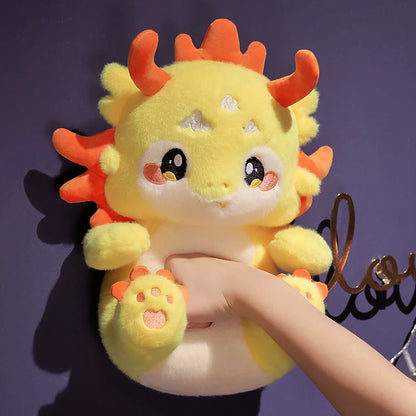 Yellow-orange dragon plush perfect for room decor, soft hugs, and kawaii lovers.