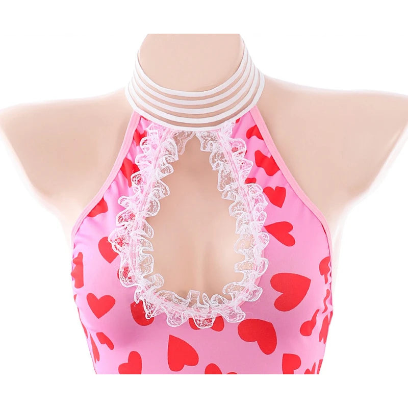 Kawaii Forever Crush Cosplay Set with pastel hearts, lace trim bodysuit, matching accessories, perfect for babygirl cosplay