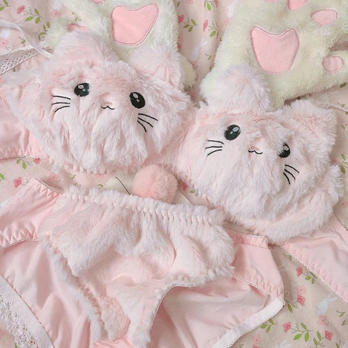 Pink Kawaii Fuzzy Kitty Bra & Panty Set, soft cosplay lingerie with playful ribbons and flirty soft girl cutecore vibes