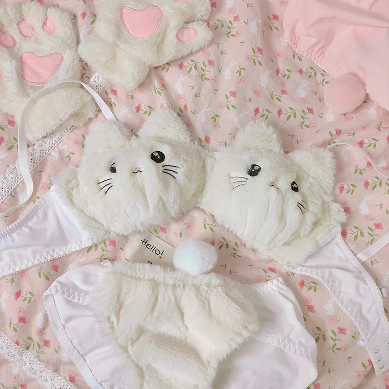 White Kawaii Fuzzy Kitty Bra & Panty Set, soft cuddly fabric, playful flirty soft girl cutecore vibes