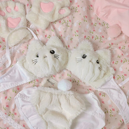 White Kawaii Fuzzy Kitty Bra & Panty Set, soft cuddly fabric, playful flirty soft girl cutecore vibes