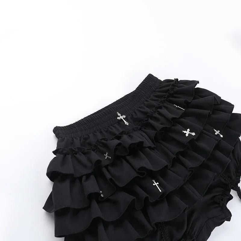 Kawaii goth DDLG lolita skirt with soft layered frills and cross detailing