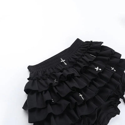 Kawaii goth DDLG lolita skirt with soft layered frills and cross detailing
