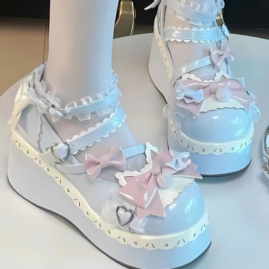 Pastel kawaii heart buckle wedge shoes with soft faux leather, perfect for Lolita, DDLG, Harajuku, cosplay, and cute everyday looks.