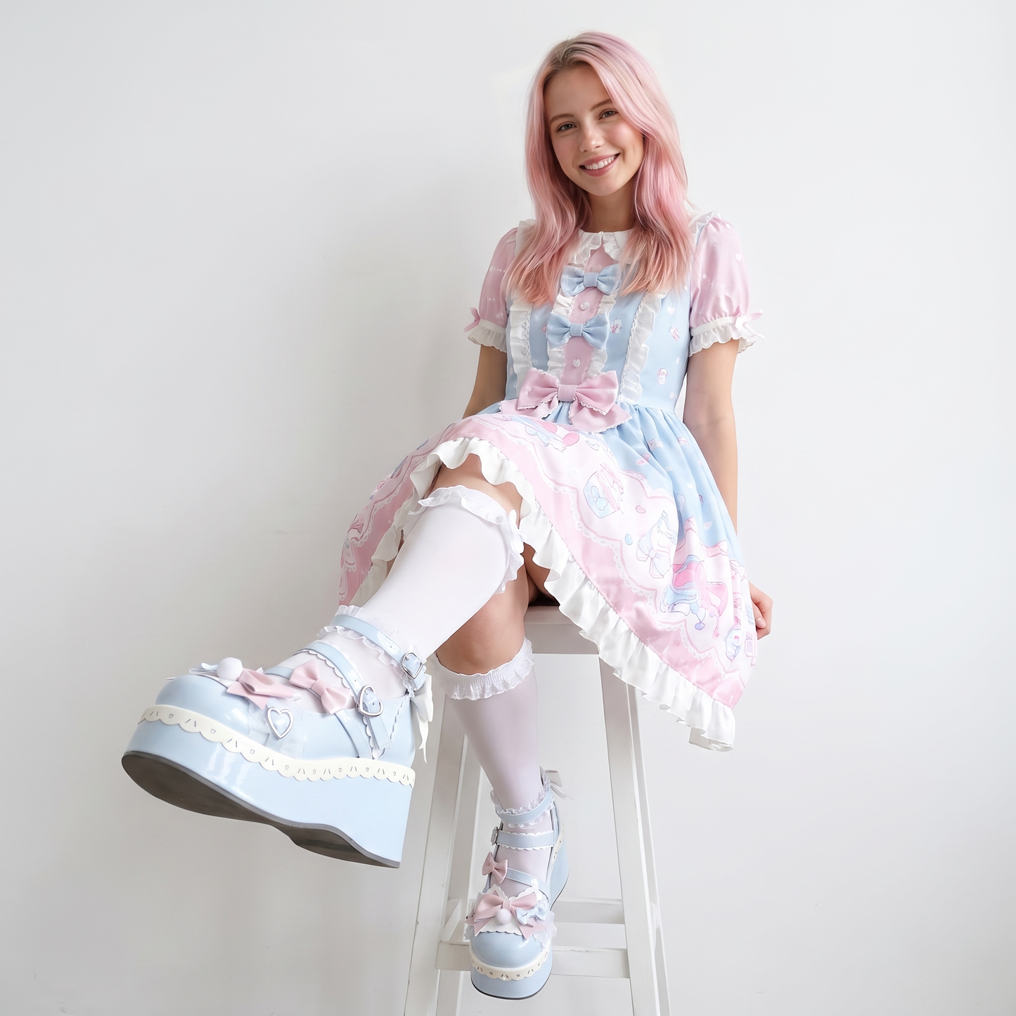 Pastel kawaii heart buckle wedge shoes with soft faux leather, perfect for Lolita, DDLG, Harajuku, cosplay, and cute