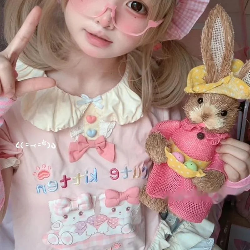 Matching pastel skirt and kitten print top for kawaii soft girl outfit