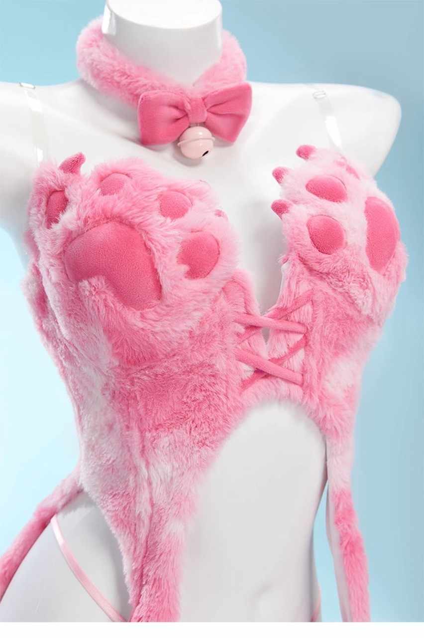 Kawaii Kitty Plush Corset Cosplay with paw cups, 3D ears and tail, ribbon choker and cuffs, sexy flirty playful cutecore little-core fantasy cosplay