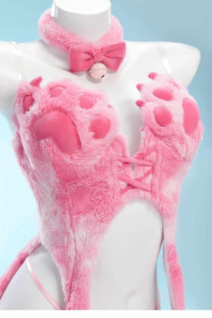 Kawaii Kitty Plush Corset Cosplay with paw cups, 3D ears and tail, ribbon choker and cuffs, sexy flirty playful cutecore little-core fantasy cosplay