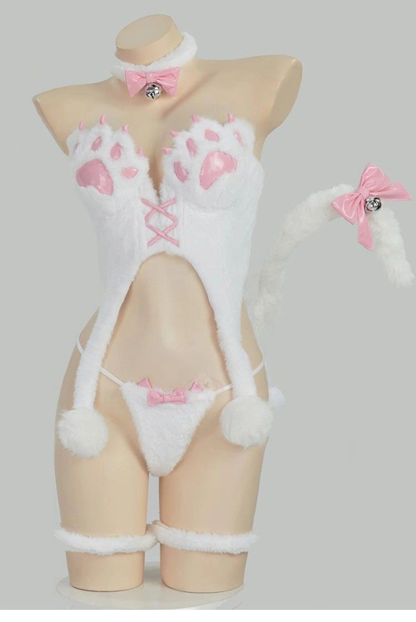 Kawaii Kitty Plush Corset Cosplay Set with paw cups, 3D cat ears, tail, ribbon choker and cuffs, sexy flirty playful cutecore little-core fantasy