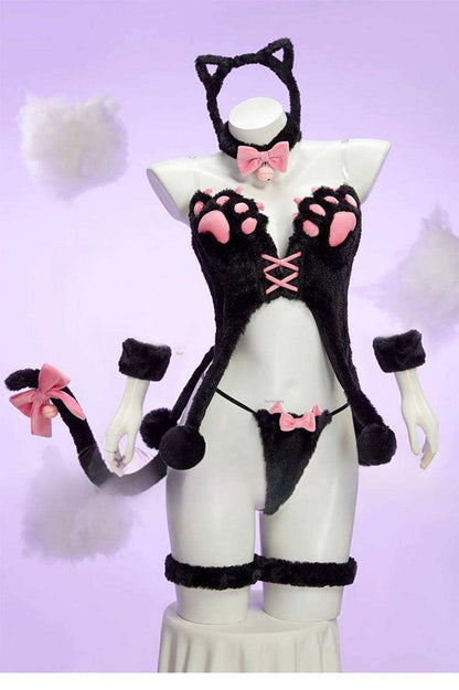 Black kawaii kitty plush corset cosplay set with paw cups, cat ears, tail, ribbon choker and cuffs, flirty cutecore fantasy cosplay lingerie set
