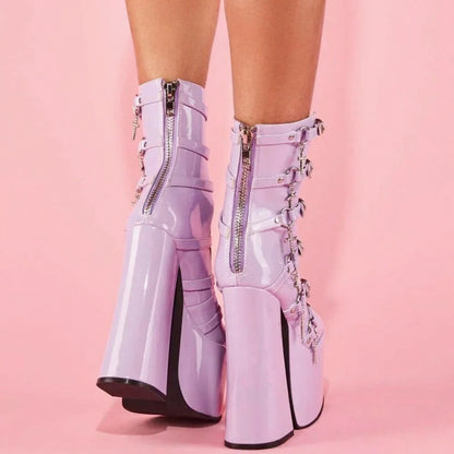 Kawaii lavender heels with dangling cross charms and gothic buckled straps for ddlg and cutecore outfits