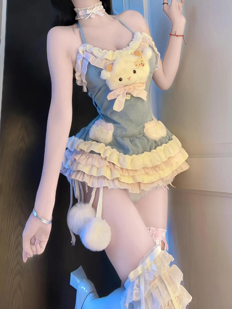 Plush lamb detail and ruffles on Kawaii Little Lamb Mini Dress, perfect for cutecore, pastel fashion, and soft girl ddlg outfits