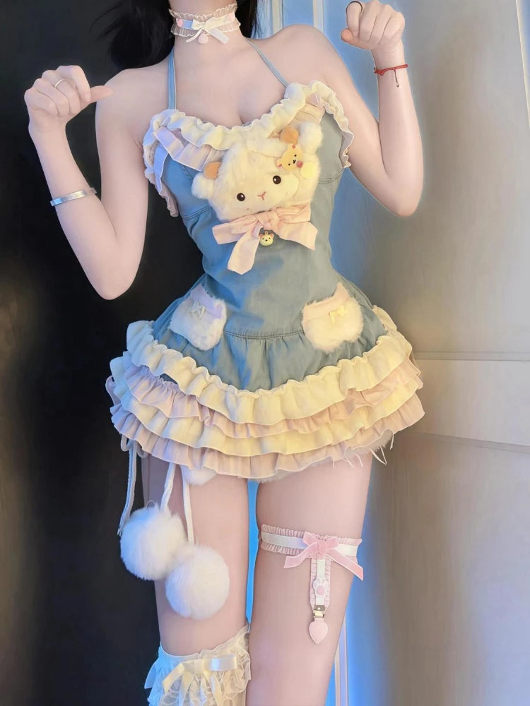 Kawaii Little Lamb Plush Mini Dress front view, halter straps, layered ruffles, soft girl cutecore pastel fashion