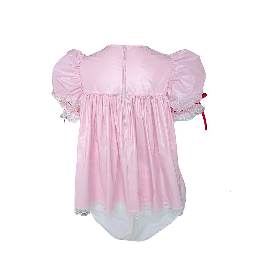 Kawaii Little Sakura romper with lace trims, bonnet, and red ribbon, perfect DDLG/ABDL cutecore
