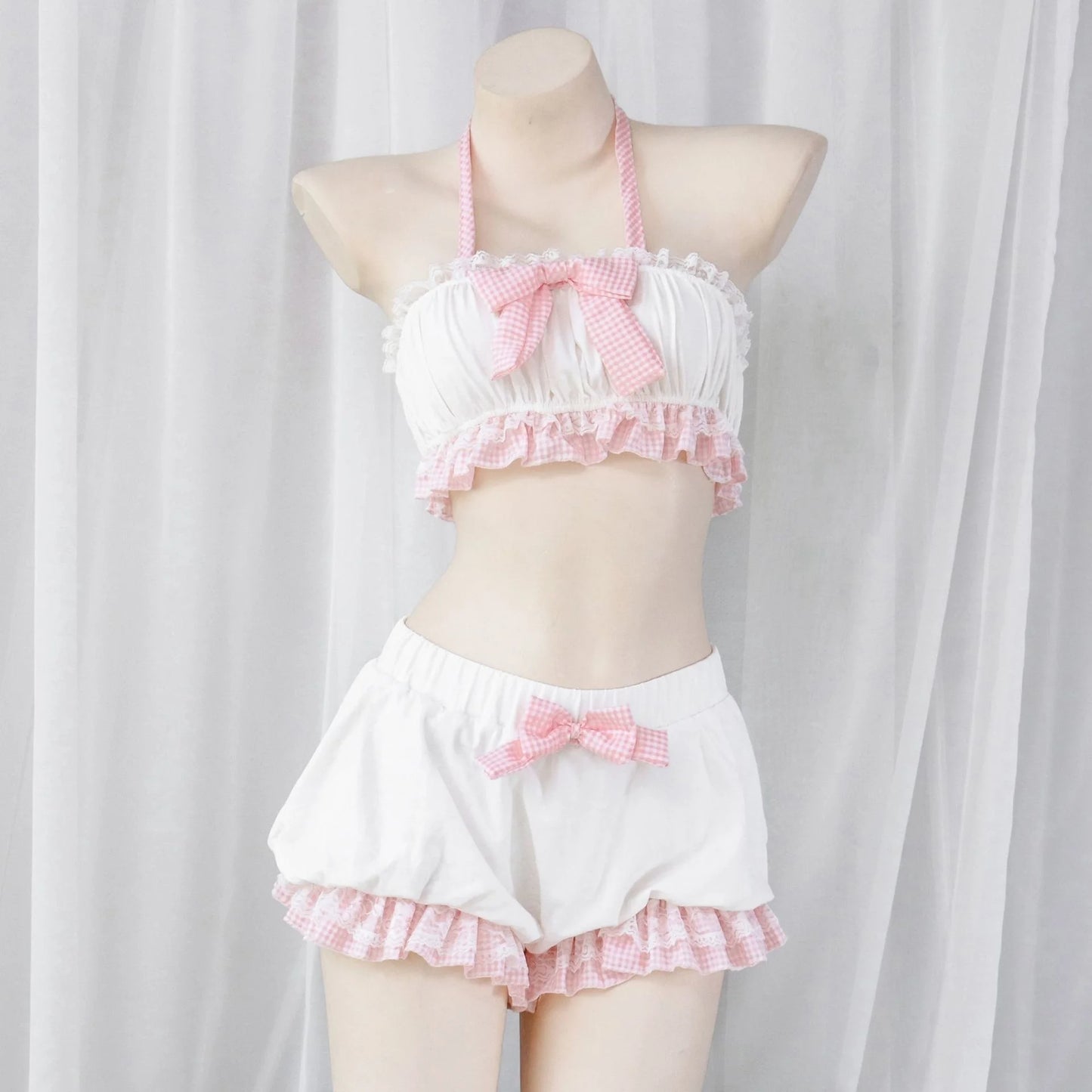 Kawaii little-core pink & white ribbon bloomers set with frilled shorts and crop top, playful cutecore DDLGirl DDLG ABDL loungewear