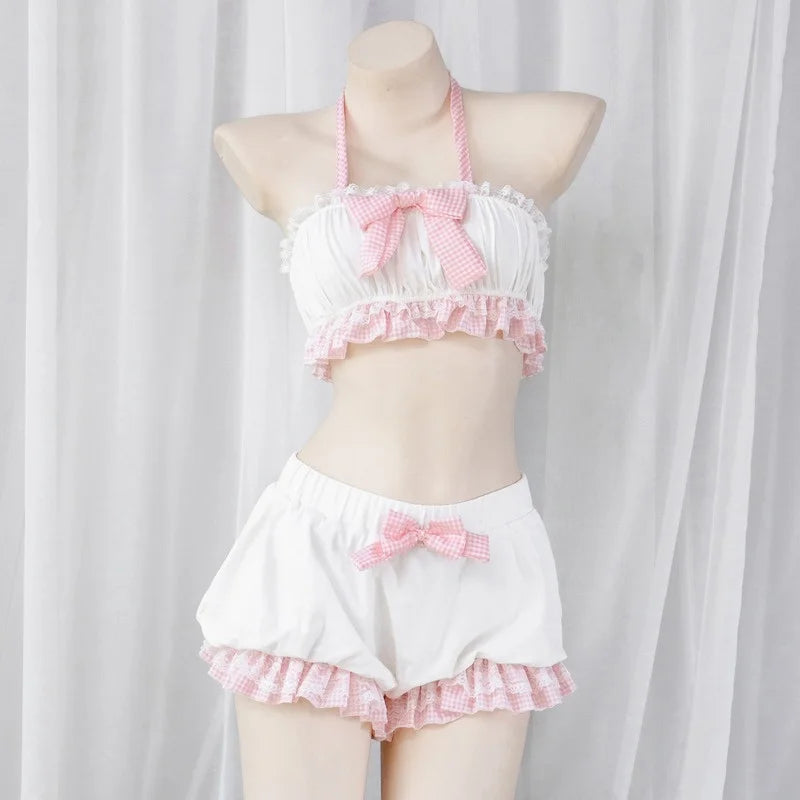 Kawaii little-core ribbon plaid bloomers set, soft ruffle shorts & crop top for DDLGirl DDLG ABDL cutecore loungewear