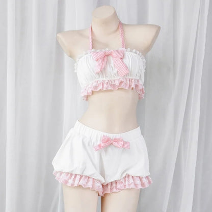 Kawaii little-core ribbon plaid bloomers set, soft ruffle shorts & crop top for DDLGirl DDLG ABDL cutecore loungewear