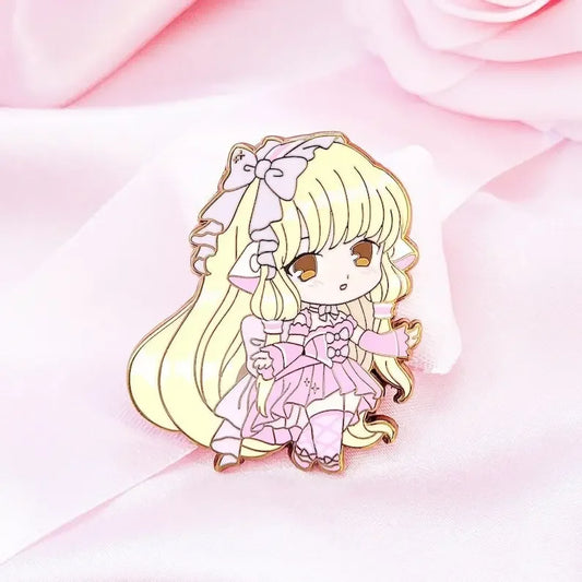 Kawaii Lolita chibi fashion enamel pin with pink dress and headwear for bags, jackets, or ita bags