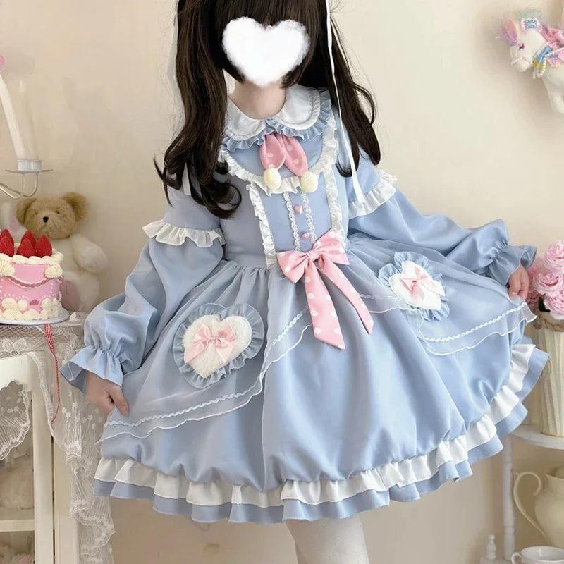 Kawaii Lolita Frill Dress featuring layered ruffles and sweet heart details, perfect for DDLG fashion