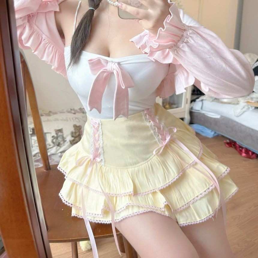 Kawaii Lolita frilly pastel corset skirt with ribbon details for DDLG, ABDL, and little aesthetic fashion